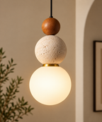 Modern Cream Stone & Wood Pendant Light