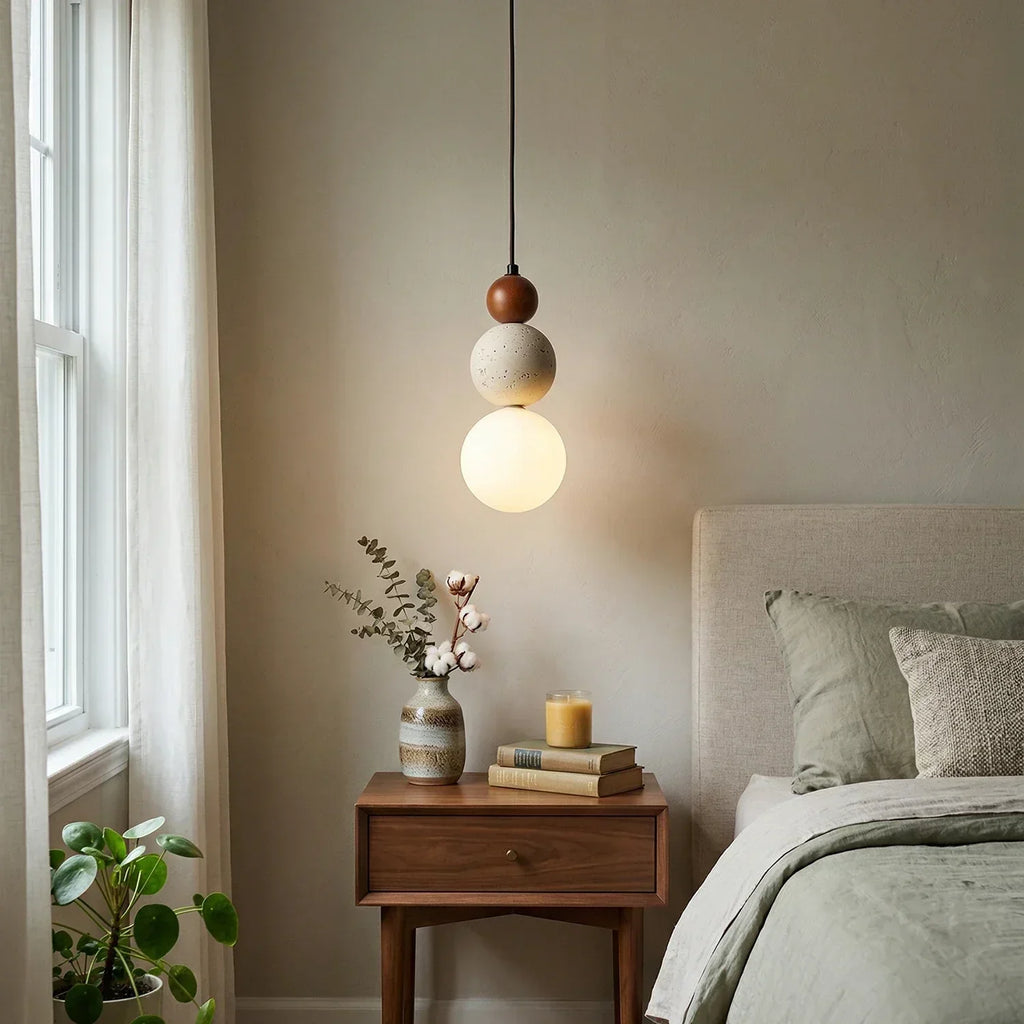 Modern Cream Stone & Wood Pendant Light