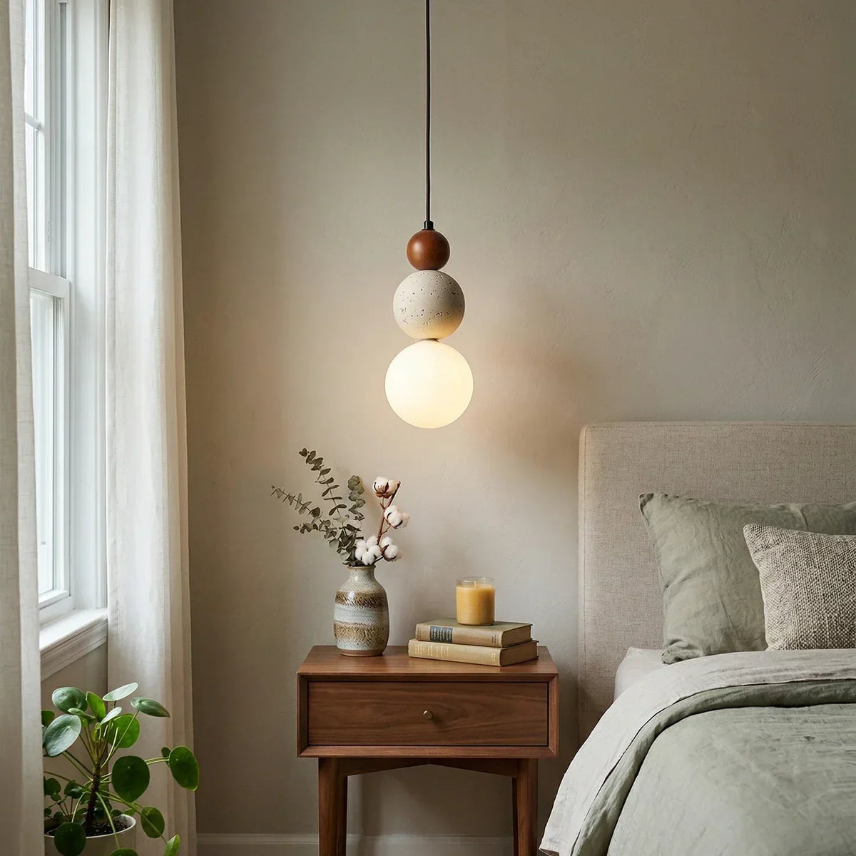 Modern Cream Stone & Wood Pendant Light
