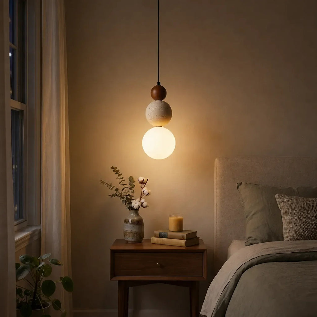 Modern Cream Stone & Wood Pendant Light