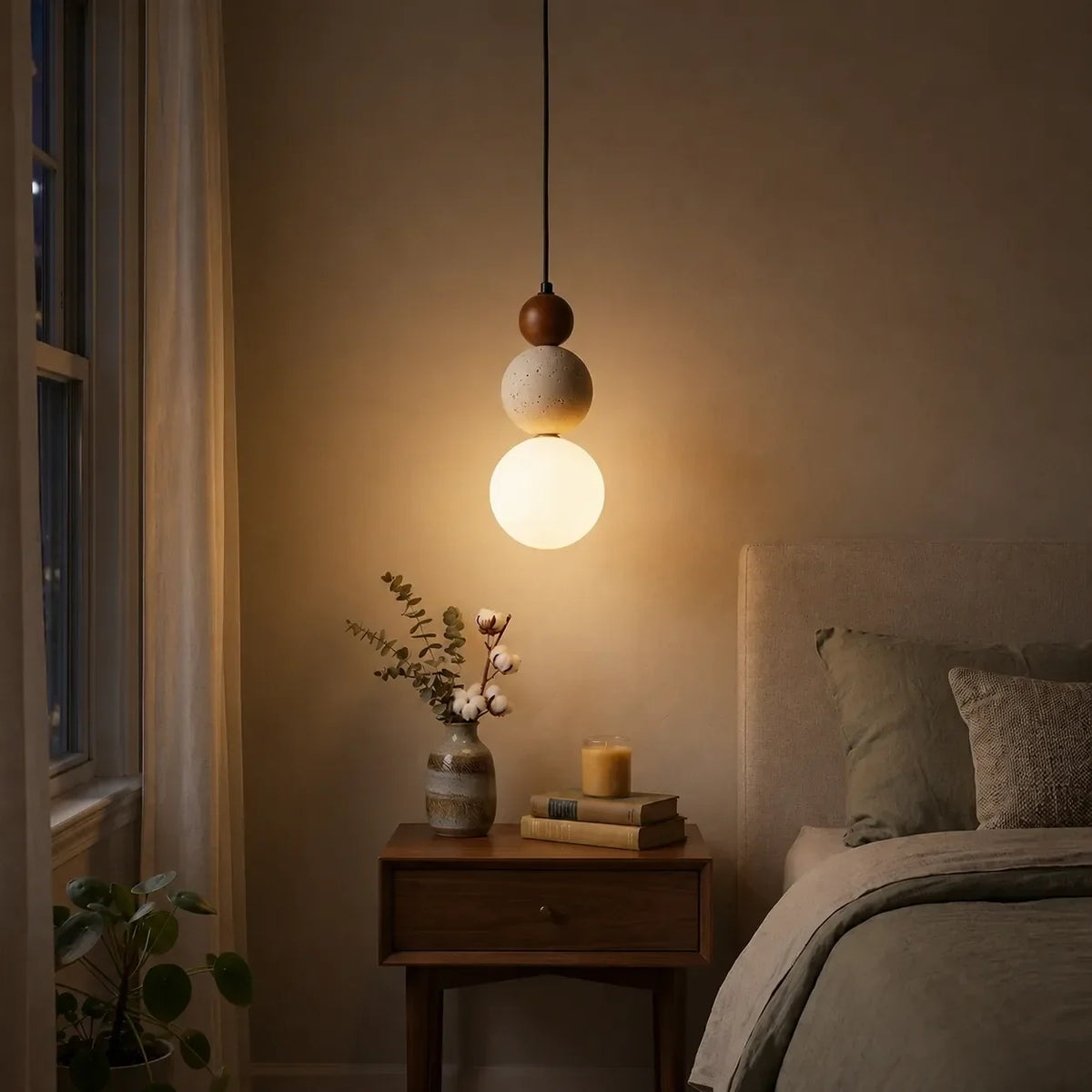 Modern Cream Stone & Wood Pendant Light