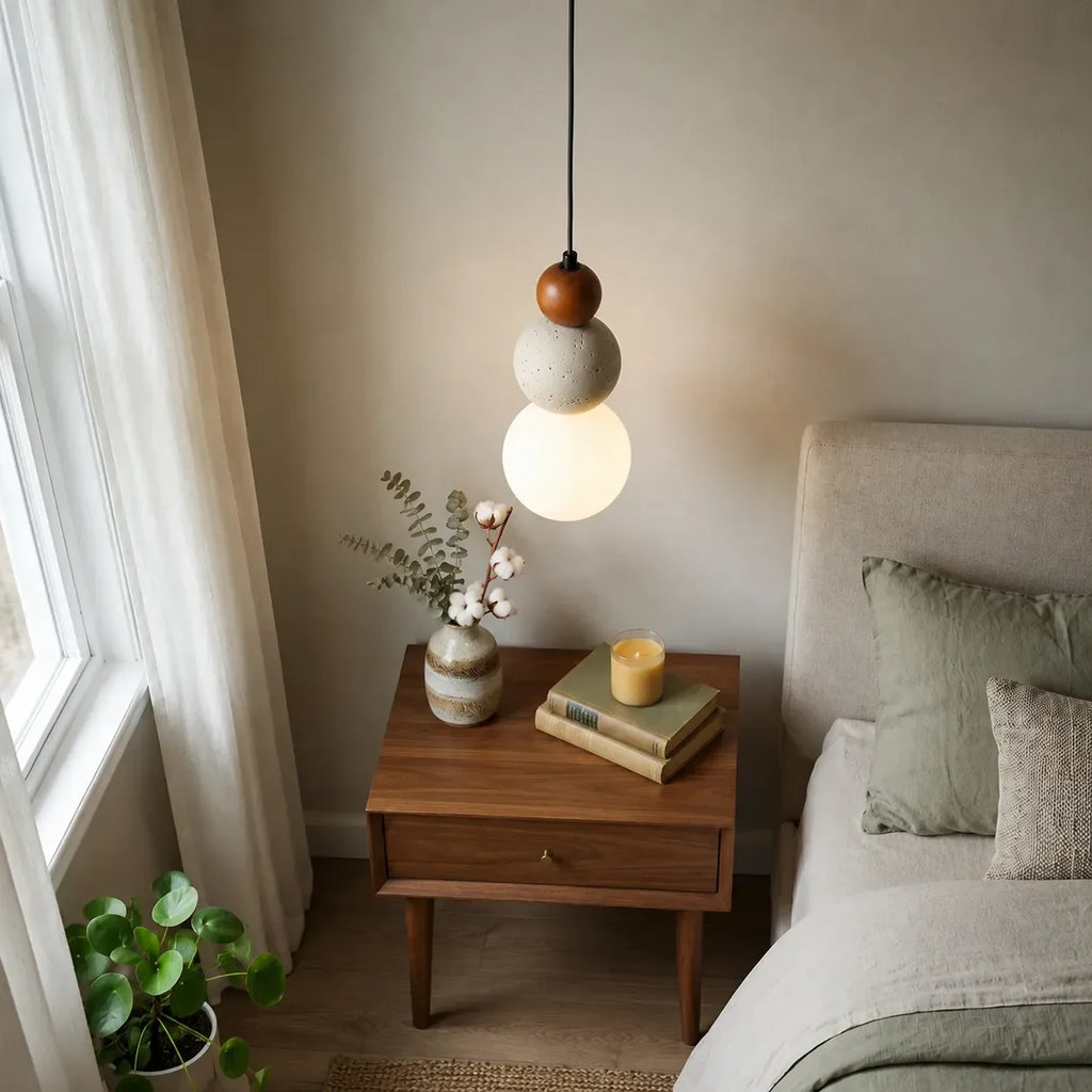 Modern Cream Stone & Wood Pendant Light