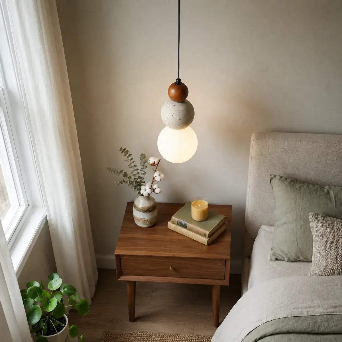Modern Cream Stone & Wood Pendant Light